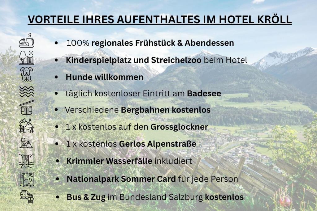 Hotel Gasthof Kröll - inkl Nationalpark-Karte, 1 x Grossglockner Hochalpenstraße kostenlos, verschiedene Bergbahnen kostenlos, Badesee kostenlos, Bus & Zug kostenlos, regionale Küche